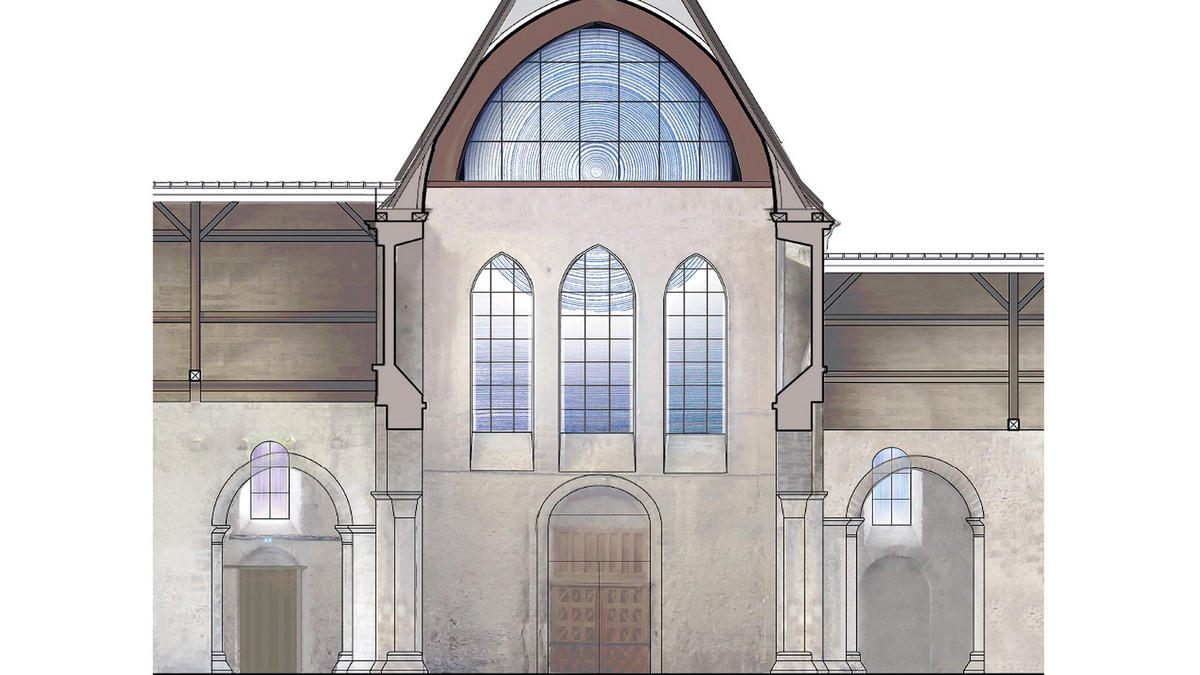 Simulation d'implantation des vitraux sur la façade ouest, vue de l'intérieur