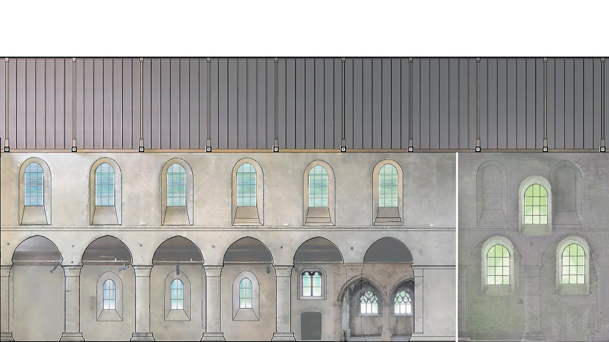 Simulation d'implantation des vitraux sur la façade nord, vue de l’intérieur