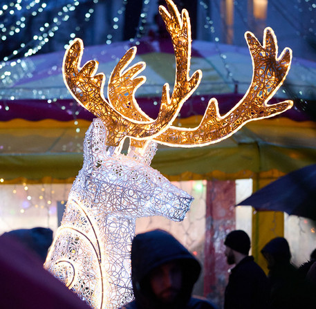 noel-a-chartres-2025-16- Un renne de lumière parmi les décorations de Noël, place des Épars à Chartres.