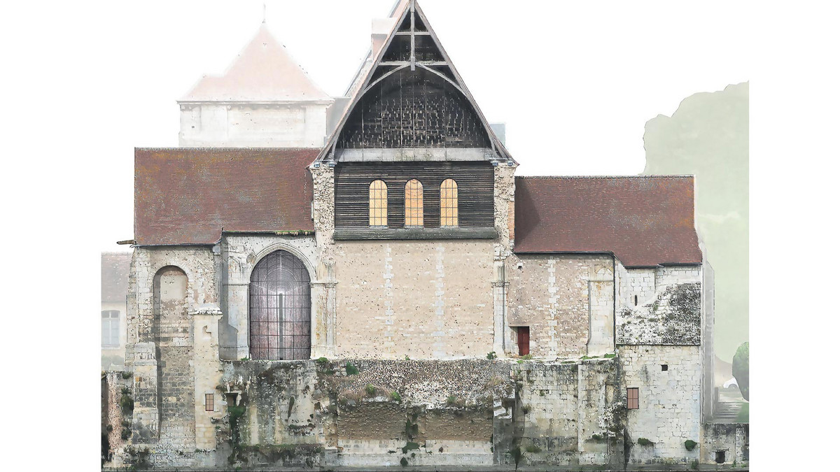 Simulation d'implantation des vitraux sur la façade est, vue de l'extérieur