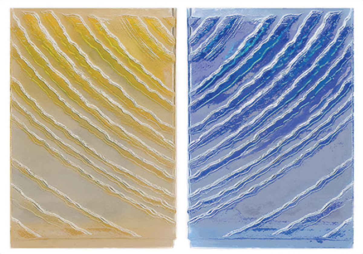 Détail du verre thermoformé et coloré pour les vitraux de la collégiale Saint-André. Détail du verre thermoformé et coloré pour les vitraux de la collégiale Saint-André