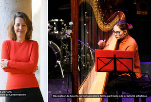 Cécile de Hann, directrice du conservatoire de Chartres et une élève harpiste en concert