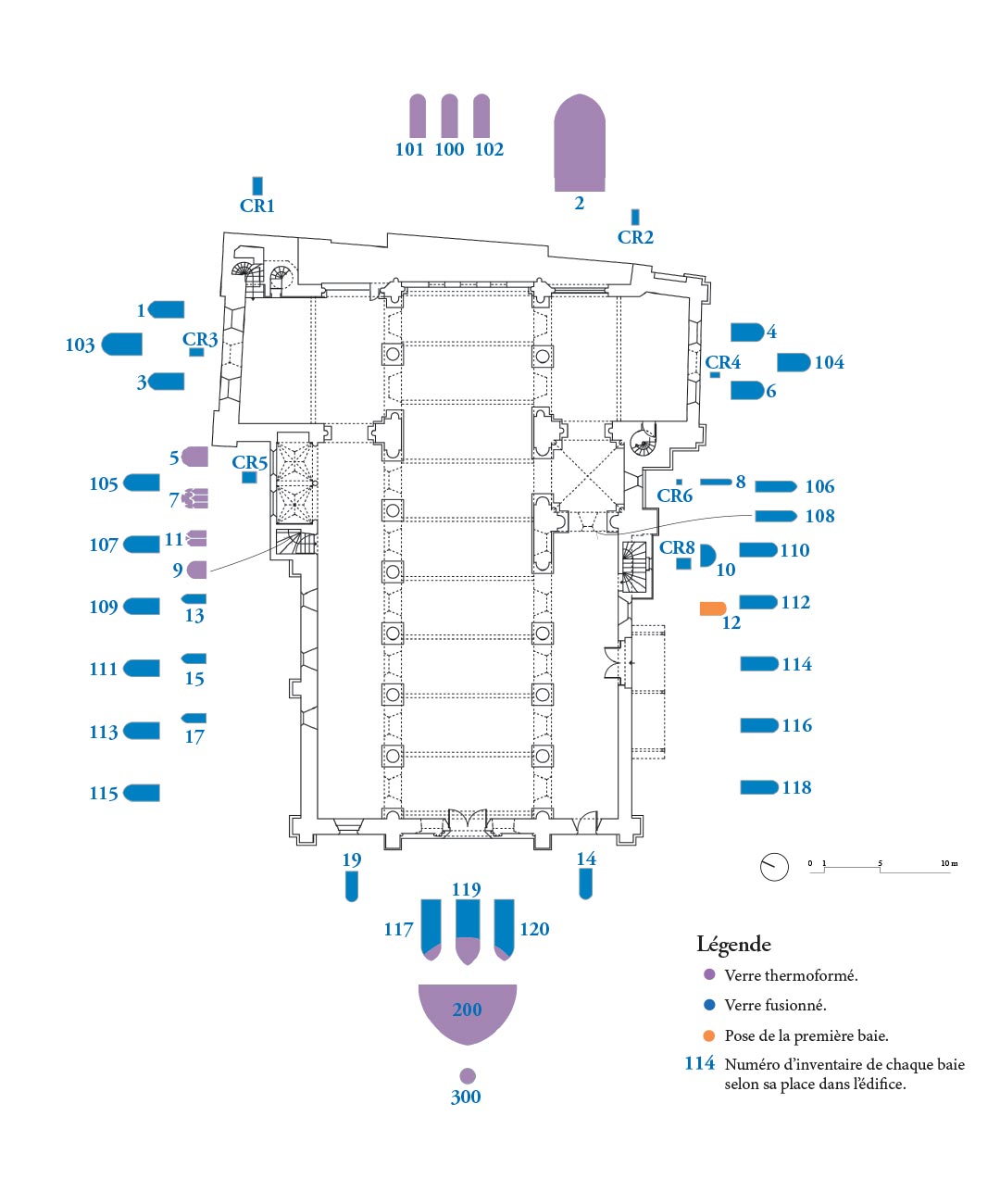 Plan d'implantation des différents vitraux à la collégiale Saint-André. Plan d'implantation des différents vitraux à la collégiale Saint-André