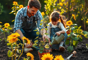 Un père et sa fille plantant un arbrisseau dans un jardin fleuri