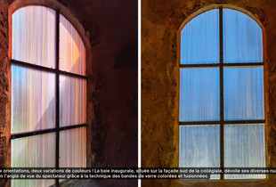 Dévoilement de la première baie à la collégiale Saint-André La première baie de la collégiale Saint-André présente des variations de couleurs en fonction de l'angle de vue : tons chauds ou froids