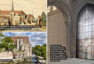 Vue extérieure de la collégiale au XVIe siècle et une vue actuelle et la future verrière qui ornera la façade.