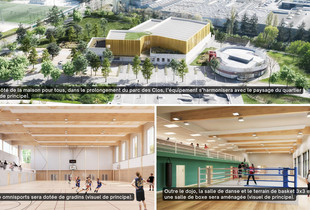Vues extérieure et intérieures du futur complexe sportif du quartier des Clos à Chartres (visuels de principes).