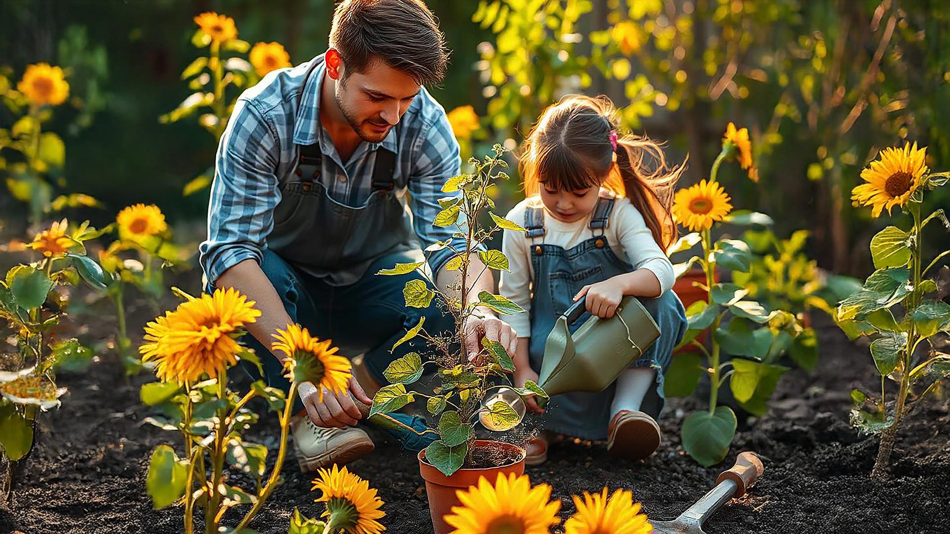 Un père et sa fille plantant un arbrisseau dans un jardin fleuri