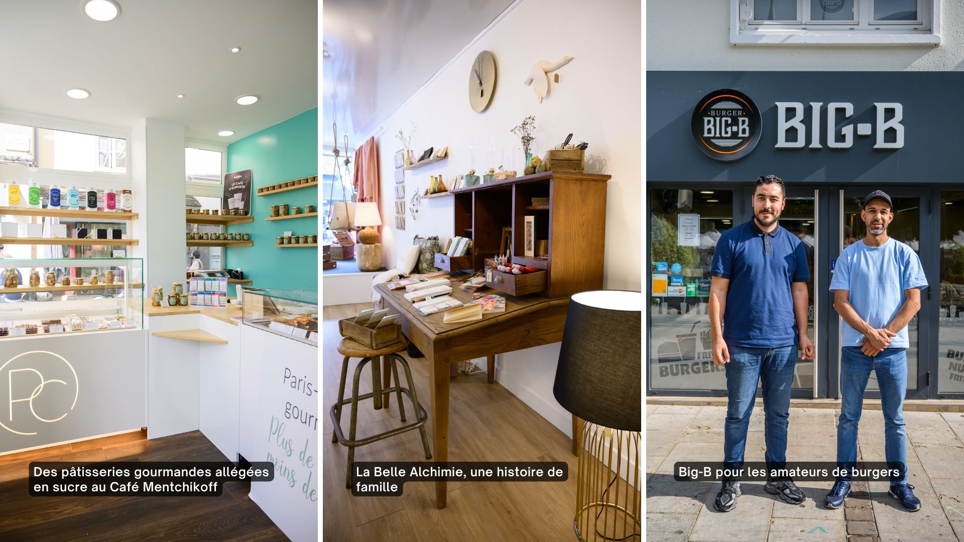 Vue de l'intérieur des boutiques Café Mentchikoff et Belle Alchimie et vue sur la devanture et le gérant du Big-B