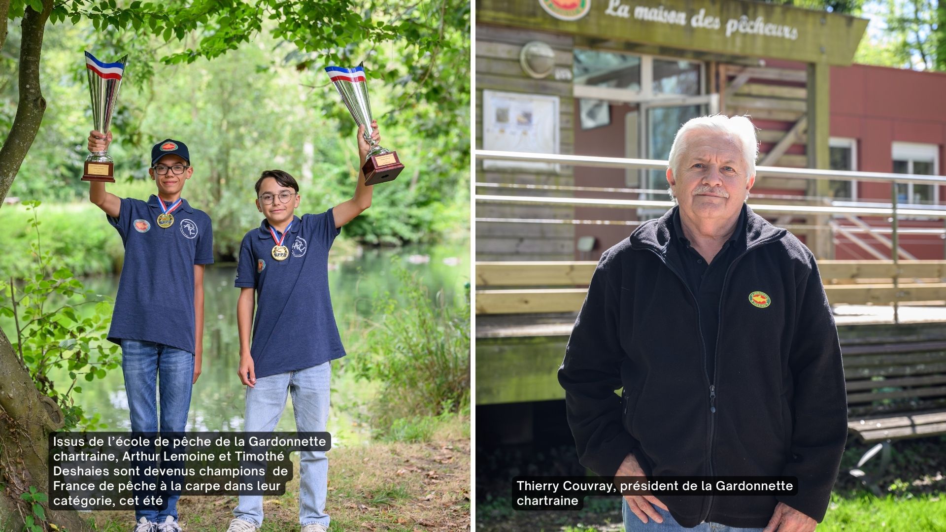 Timothé et Arthur lèvent leurs trophées obtenus au championnat de France de pêche à la carpe