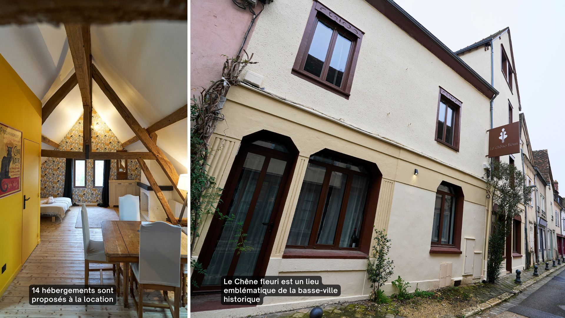 La façade et une chambre du Chêne fleuri