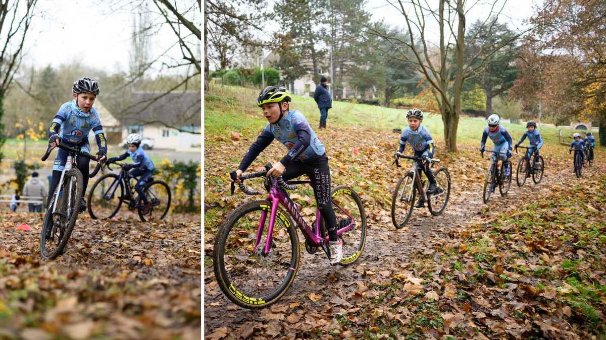 A gauche, gros plan sur un enfant en cyclo-cross. A droite, plusieurs enfants font du cyclo-cross