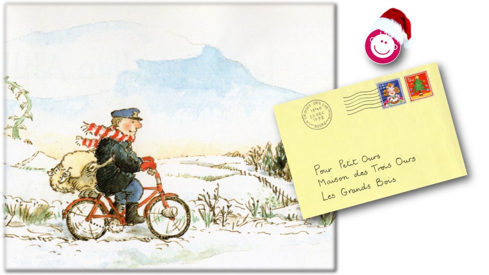 Un personnage en vélo sur la neige qui apporte le courrier de Noël