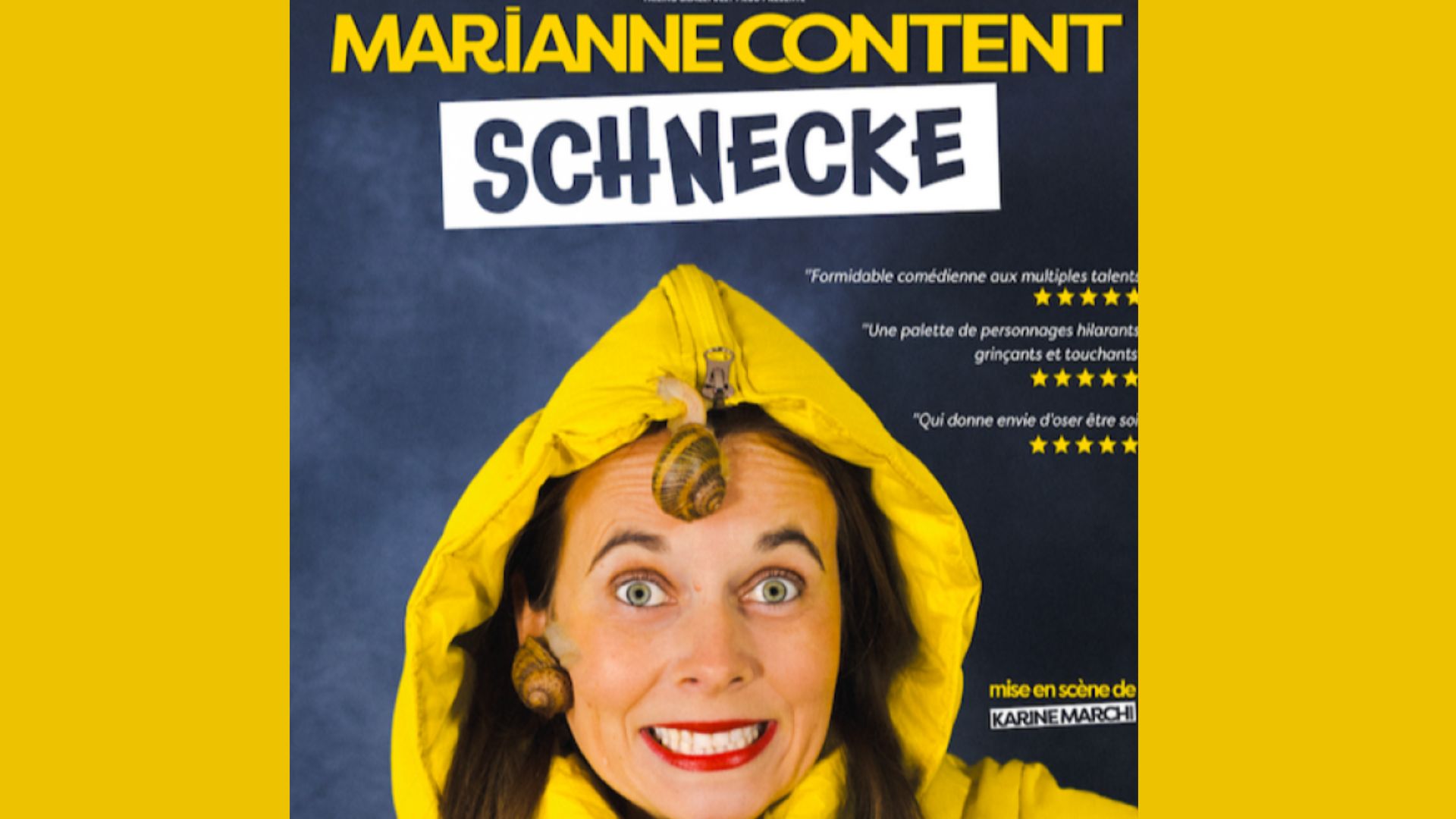 Marianne Content en jaune en premier plan de son affiche de spectacle