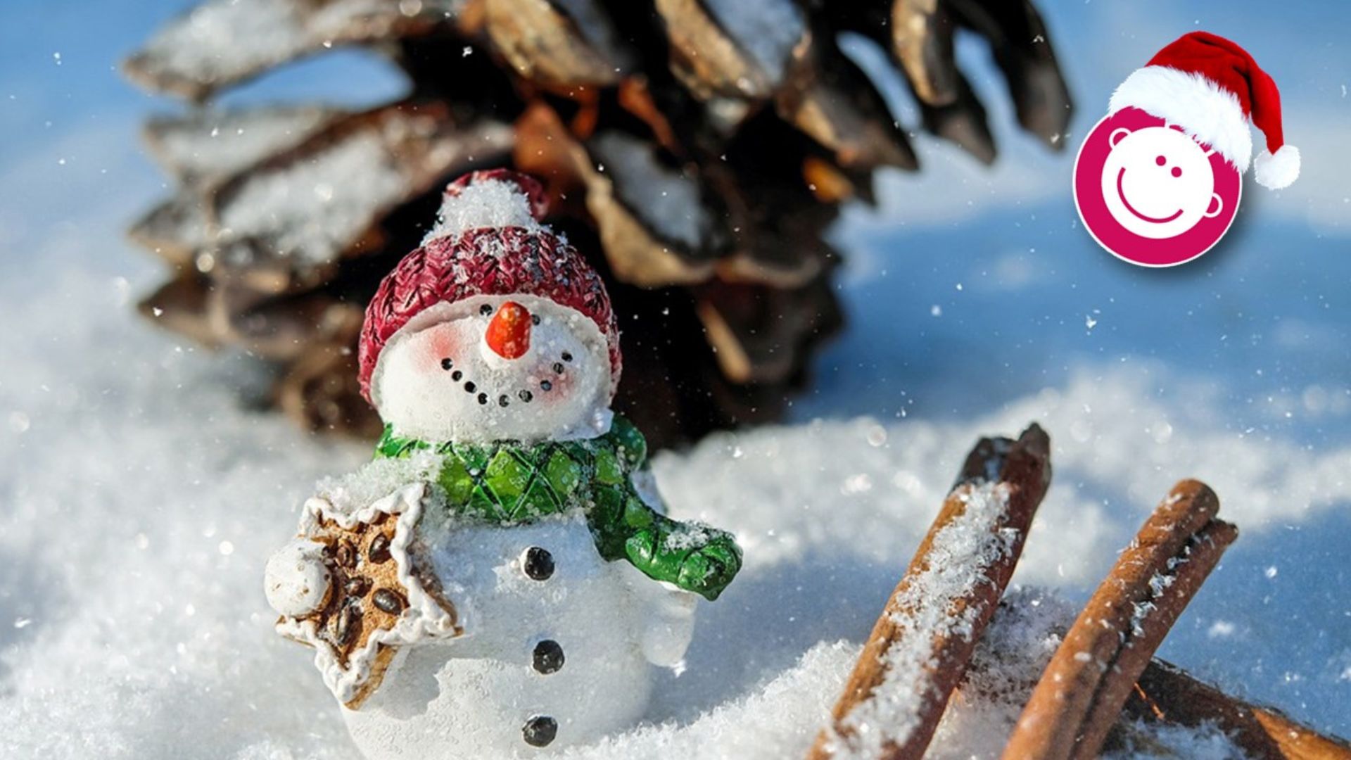 Vue sur un bonhomme de neige devant une pomme de pin