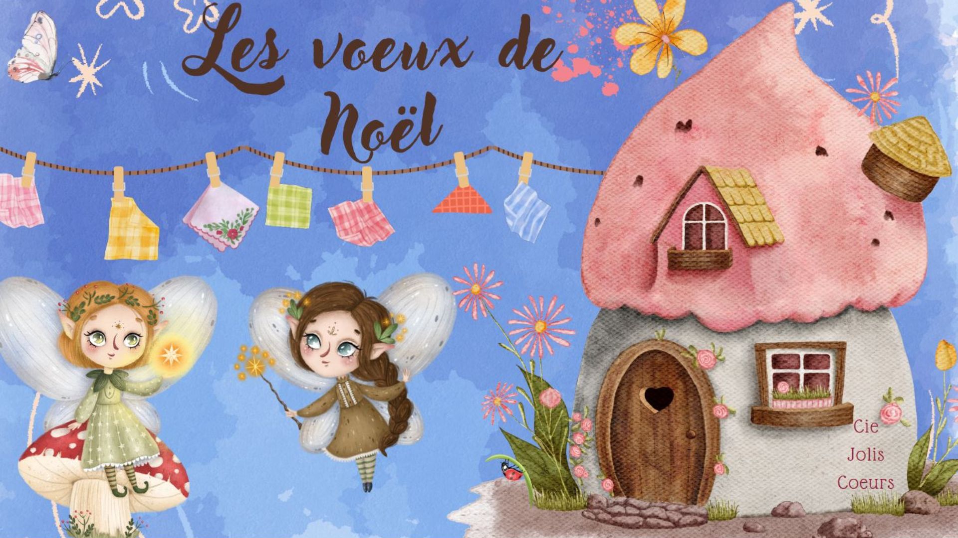 Des fées qui volent devant une petite maison de Noël